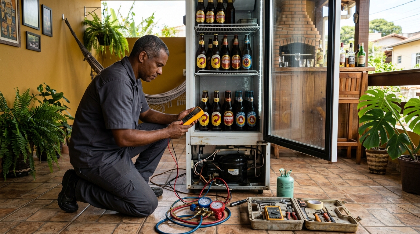 Placa eletrônica de cervejeira em reparo na bancada em Indaiatuba‑SP