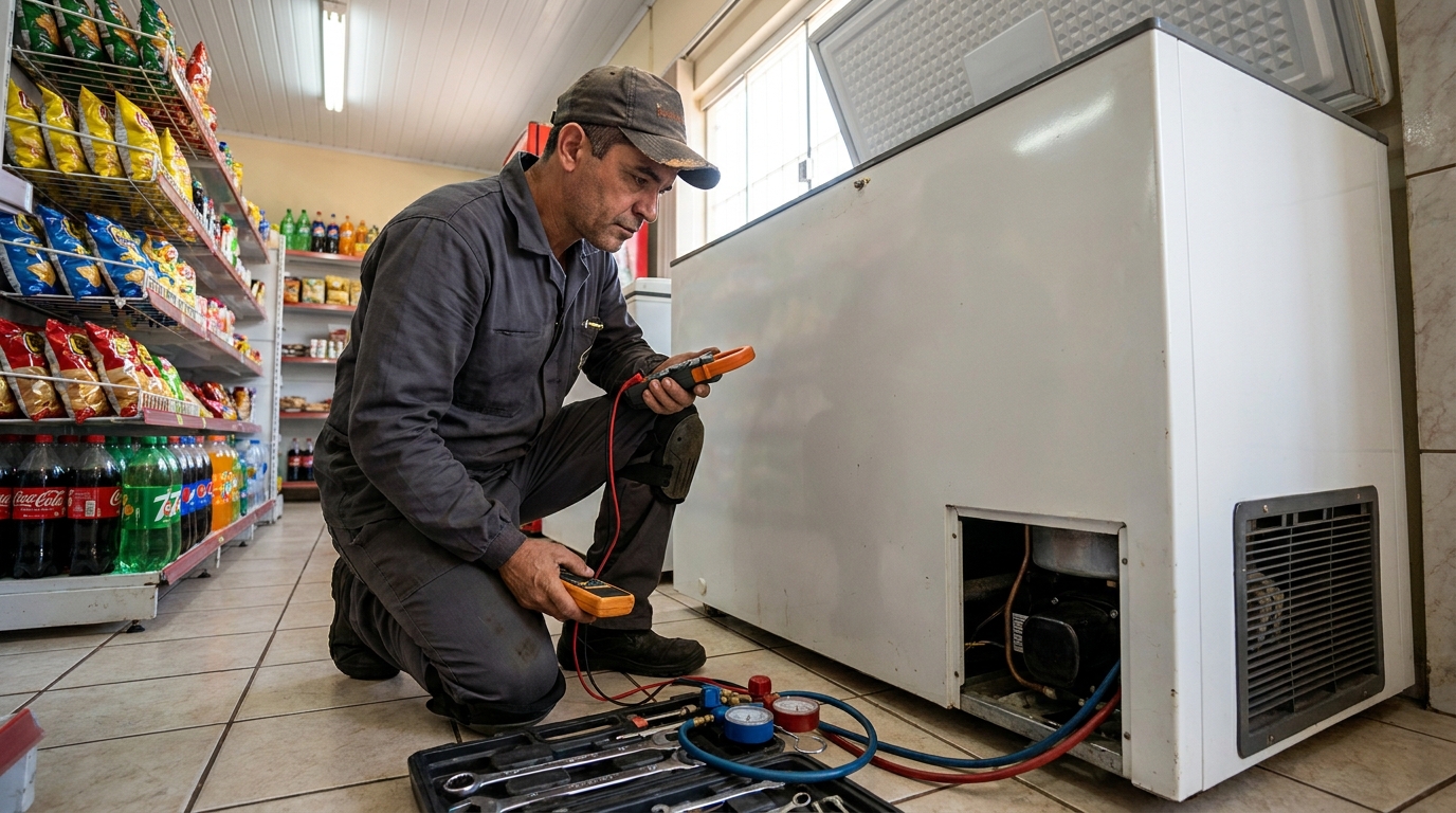 Reparo da placa eletrônica de um freezer em atendimento em Indaiatuba‑SP