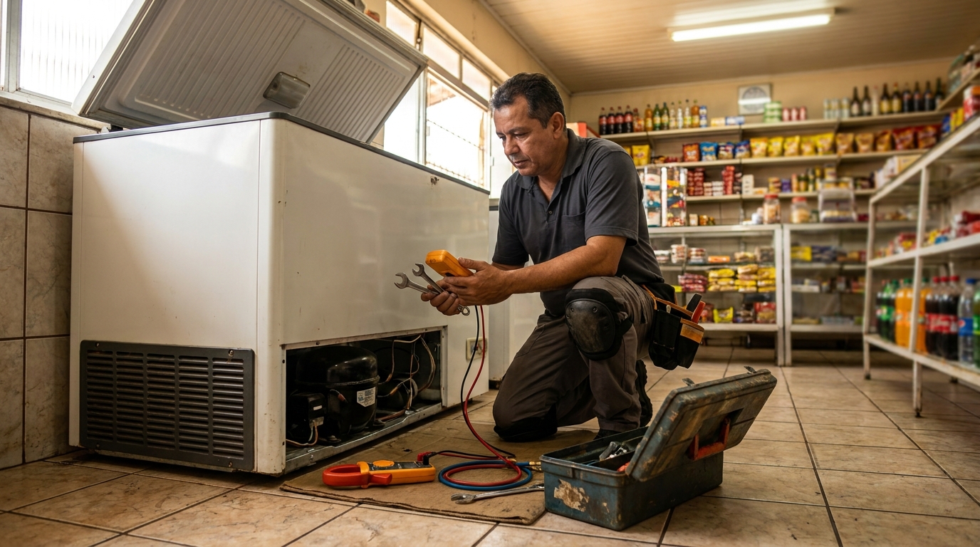Técnico reparando o motor de um freezer horizontal em Indaiatuba‑SP