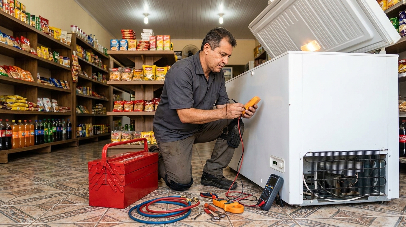Manômetro conectado ao circuito durante recarga de gás de freezer em Indaiatuba‑SP