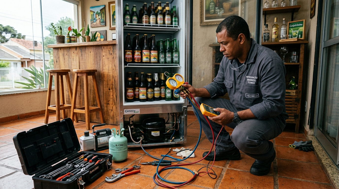 Técnico conferindo a temperatura de uma cervejeira durante atendimento em Indaiatuba‑SP