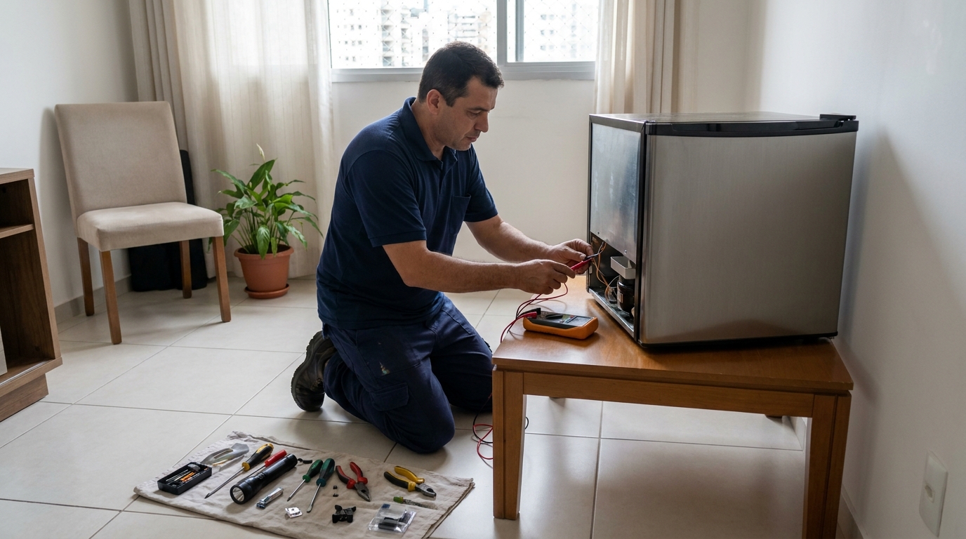 Técnico avaliando um frigobar compacto durante atendimento em Indaiatuba‑SP